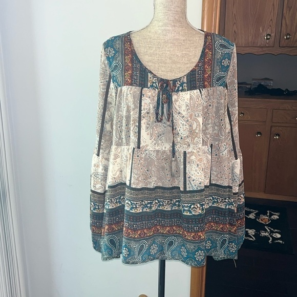 Knox Rose Boho Multicolor Paisley Peasant Blouse - Size 1X - Picture 1 of 7